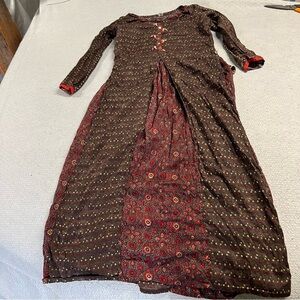 Brown & Red Bohmeian Floral Printed Beaded Maxi Dress Size Medium EUC